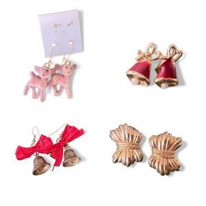 Vintage Christmas Gold Earrings Lot of 4 Dangle Enamel Post Reindeer Bells